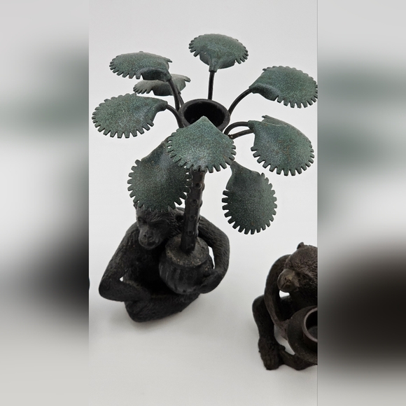 Bronze Cast Monkey Candlestick Holder Sitting Palm Tree Lot Of 3 Decorative Art - Picture 5 of 5